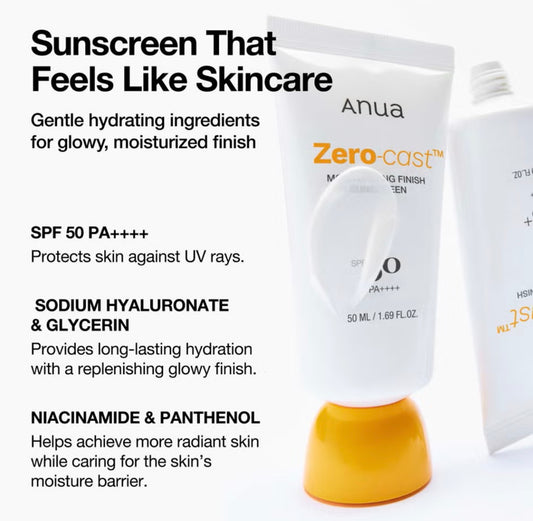 Anua, Zero-Cast Moisturizing Finish Sunscreen SPF50 Broad Spectrum 50ml