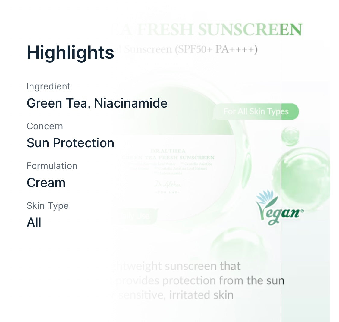 Dr.althea Green Tea Fresh Sunscreen: Calming & Sebum Control SPF 50+ PA++++ Sun Cream