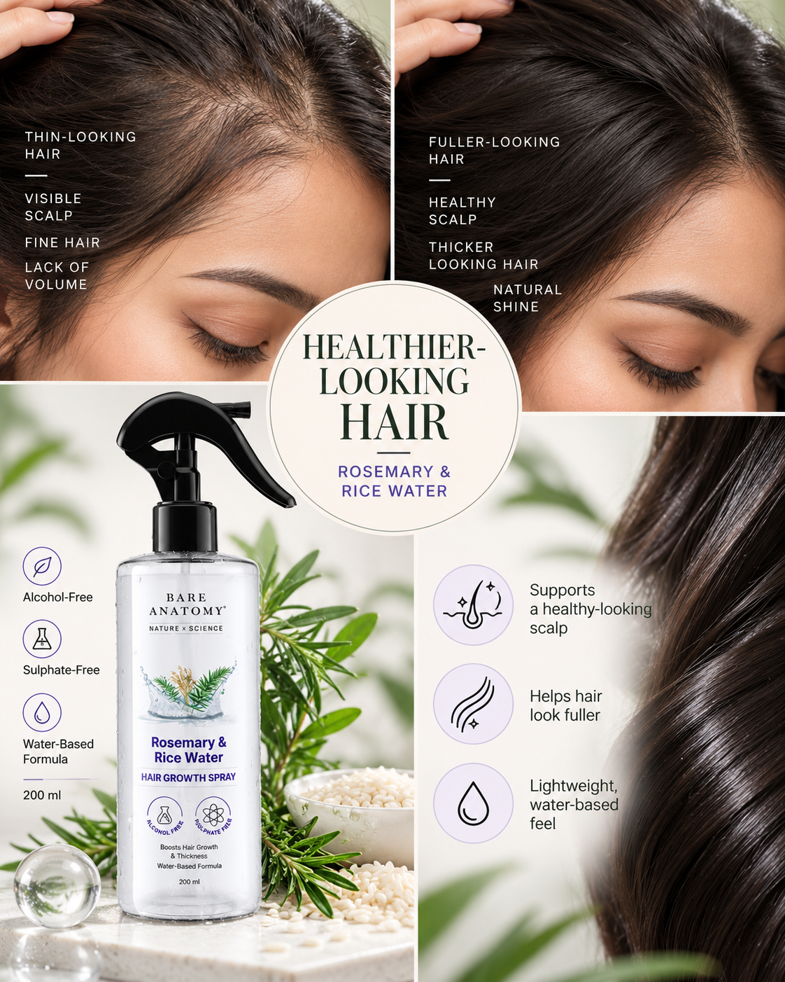 Bare Anatomy Rosemary & Rice Water Hair Growth Spray – 200 ml 🌿