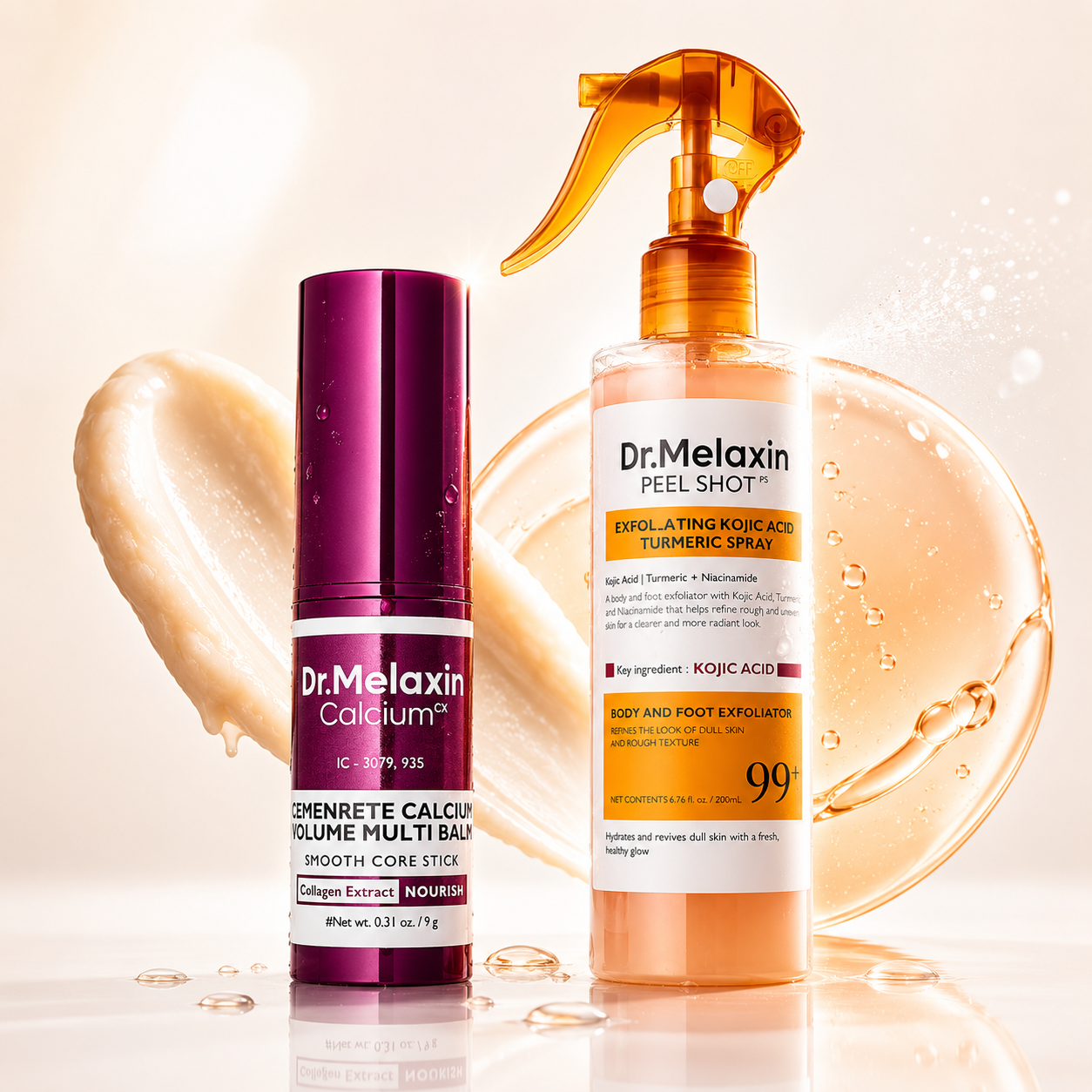 Dr. Melaxin, 2-Piece Exfoliation & Hydration Set - Peel Shot Kojic Acid Turmeric Spray & Calcium Volume Multi Balm Stick